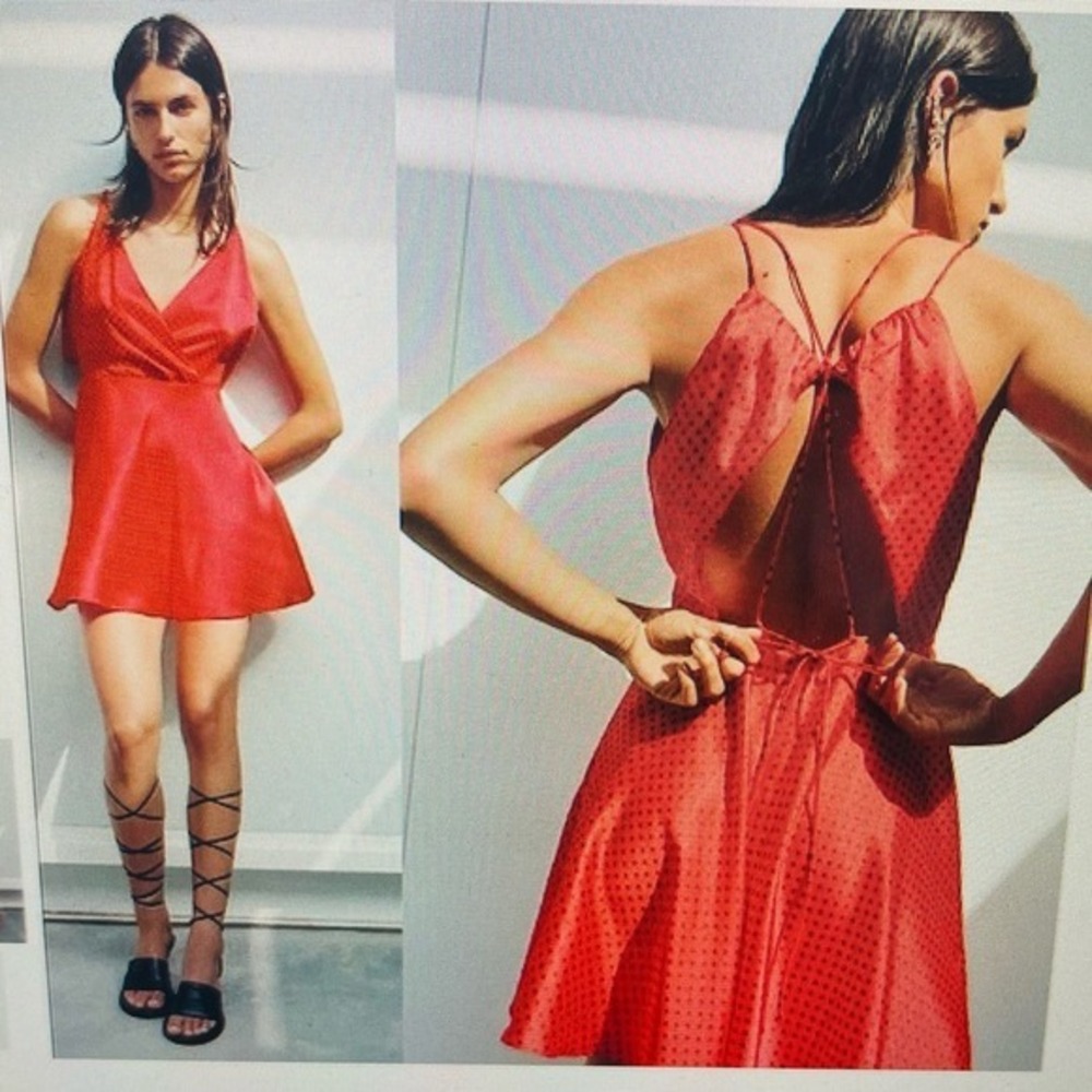 NWT Red & Black Polka Dot Satin Open Back European Summer Mini Dress Zara